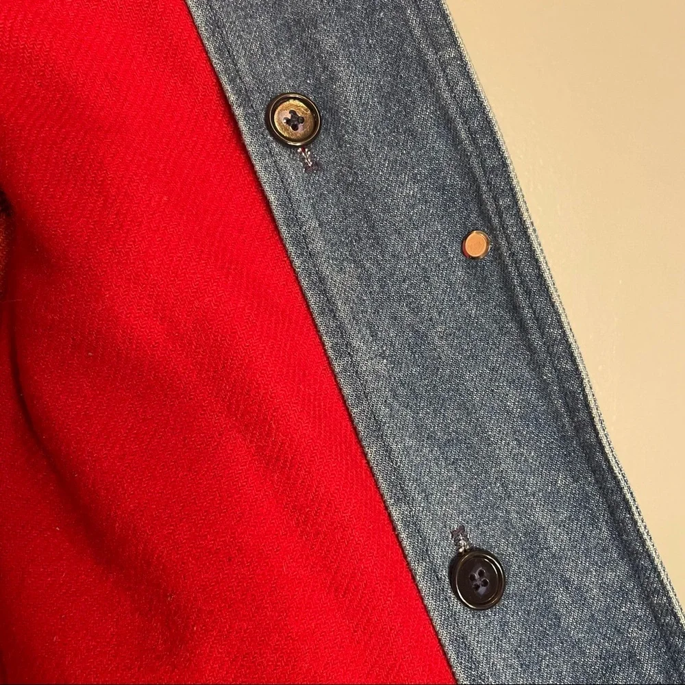 Vintage L.L. Bean Red Wool Blend Lined Corduroy Trim Heavy Denim Barn Coat Sz M - Picture 9 of 16